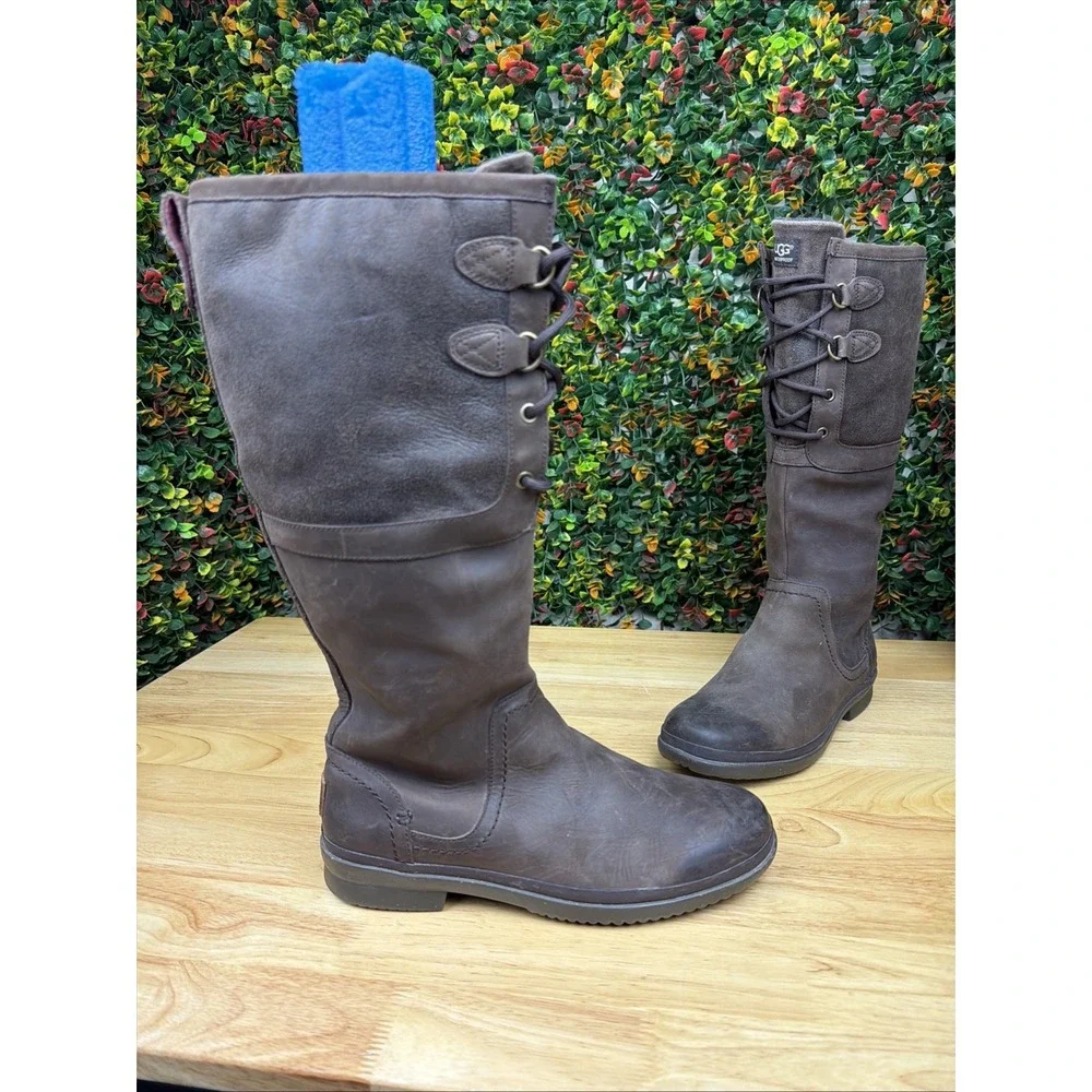 UGG ELSA Winter‎ WATERPROOF Boots Shoes Sherpa Interior Leather Brown Women's 9