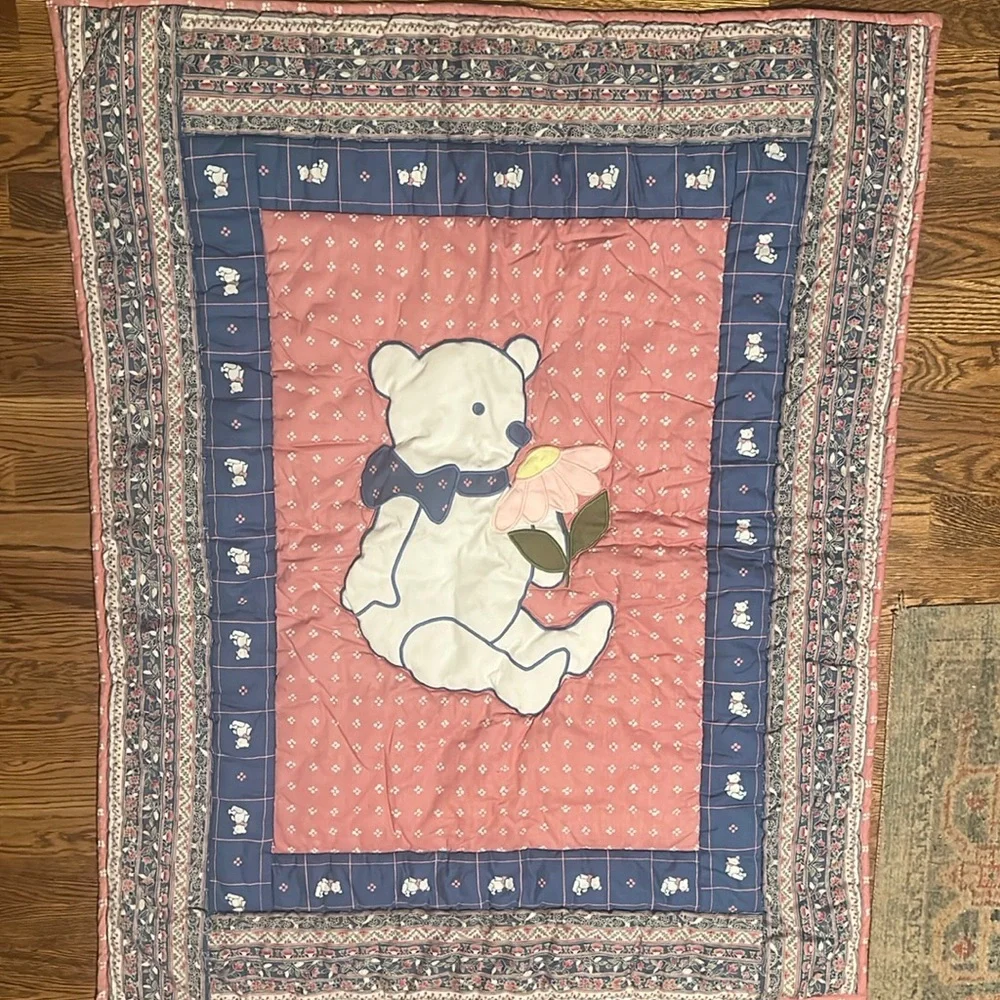 Vintage Ellen Miklas Bear Childrens Baby Quilt Lap Throw  Applique  37x46