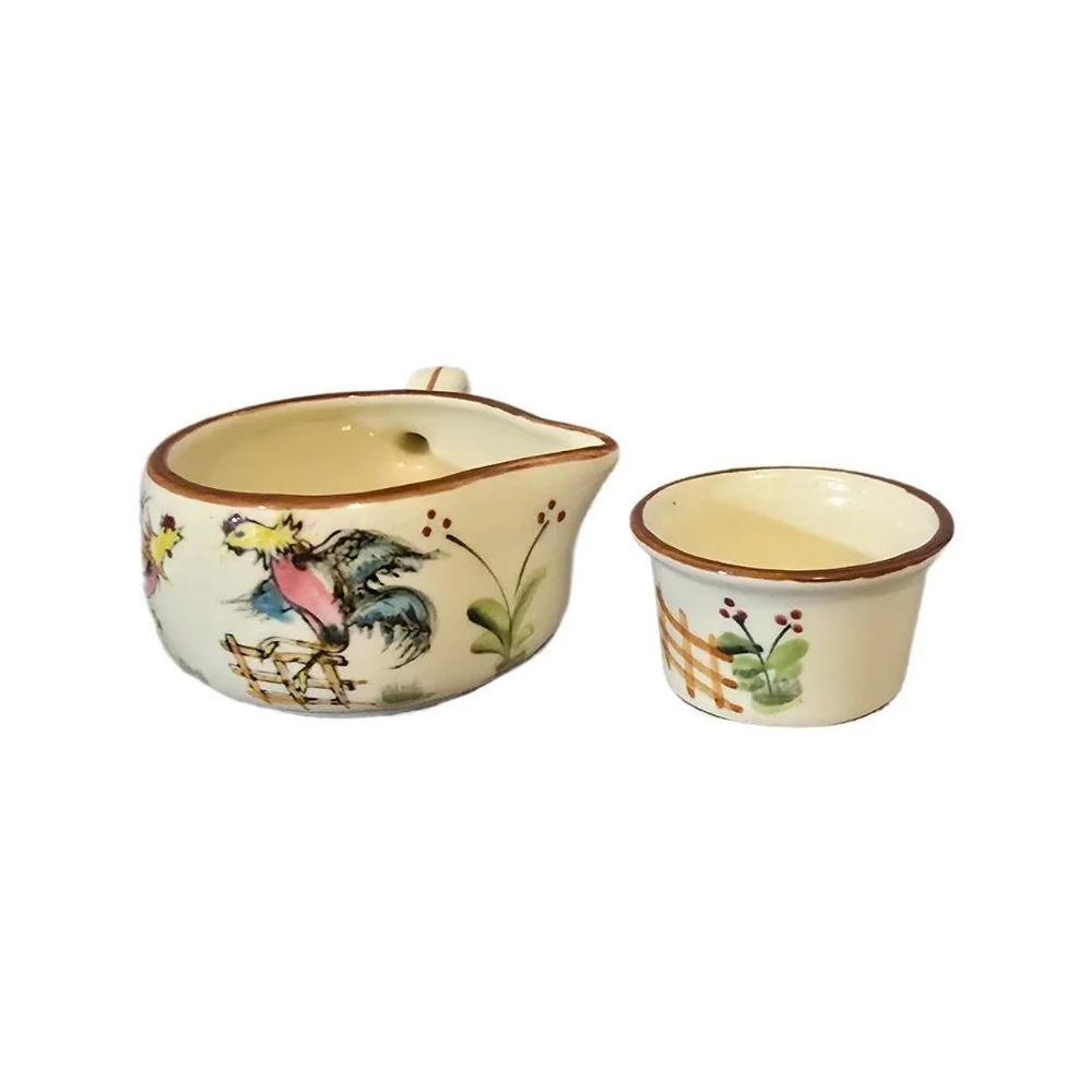Hand-Painted Cream Ceramic Creamer and Ramekin Set with Rooster‎ Motif