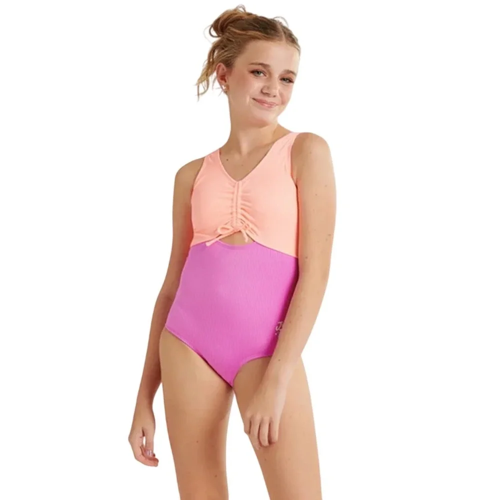 Justice Girls Coral Purple Ribbed Colorblock Cutout‎ One Piece Swimsuit Size 10
