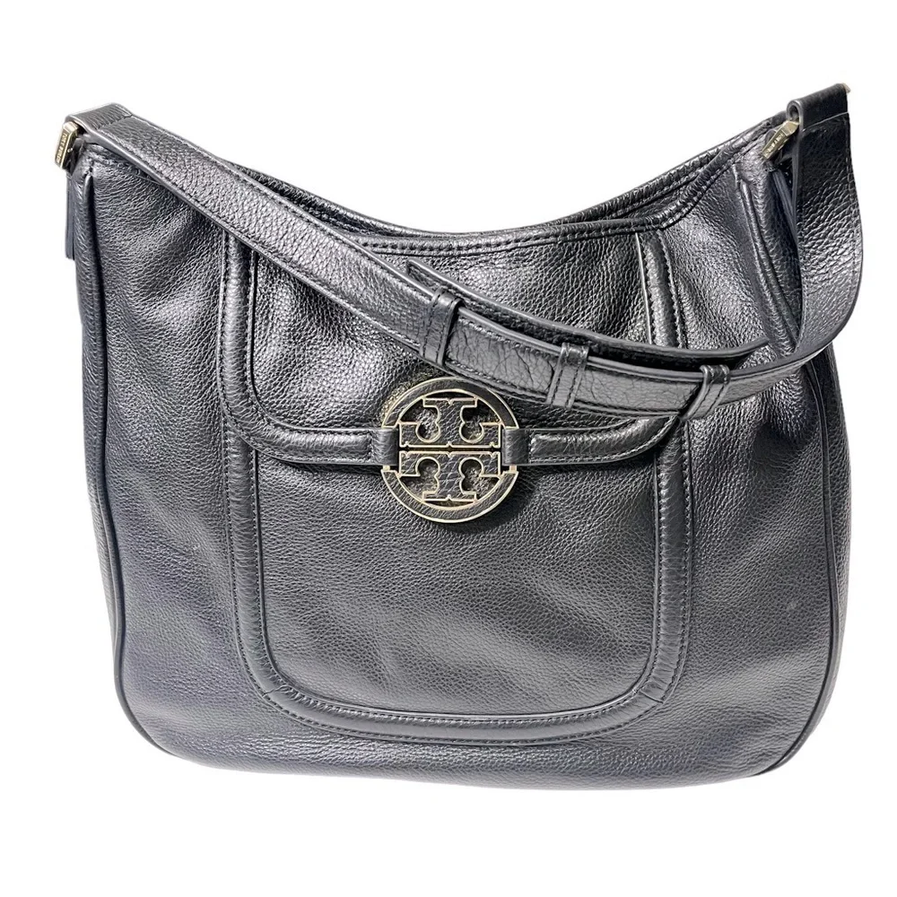 Tory Burch Black Pebble Leather Amanda Flat‎ Hobo Bag