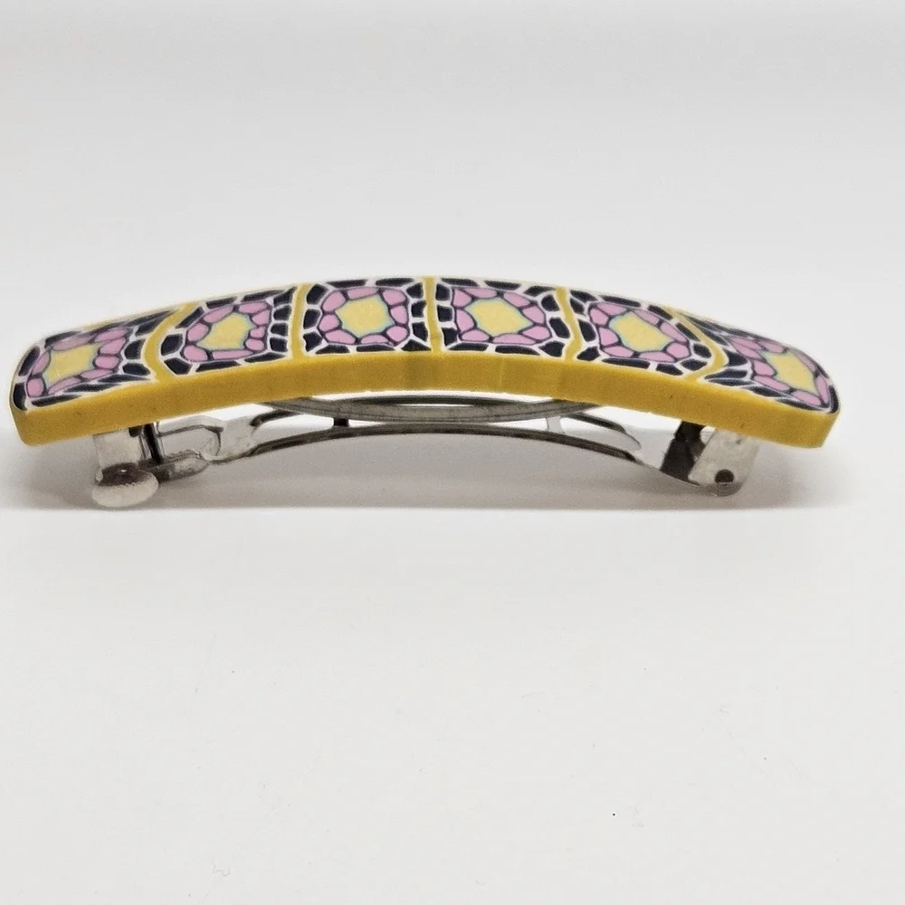VINTAGE Yellow and Blue Design Clay Hair French Barrette Clip