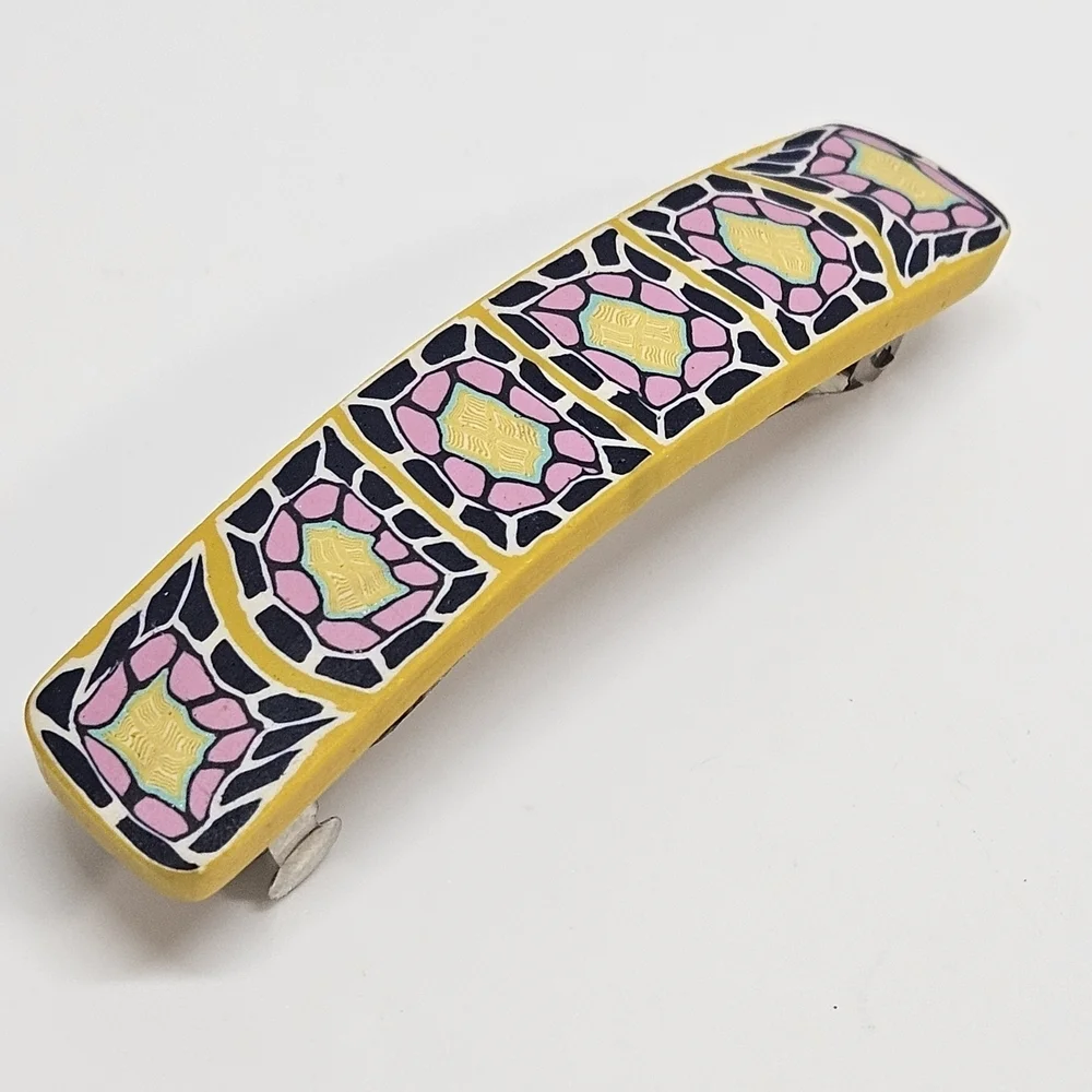 VINTAGE Yellow and Blue Design Clay Hair French Barrette Clip