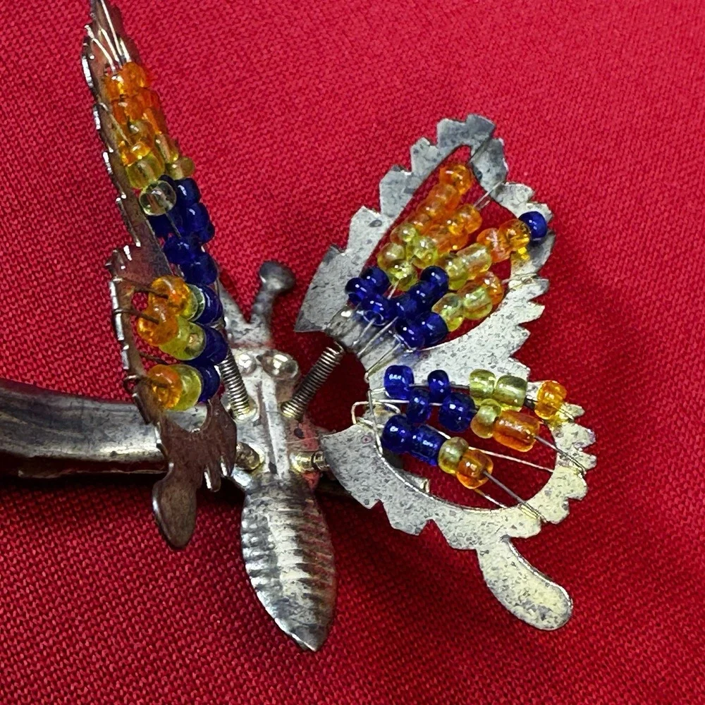 Glass Beaded Trembler Butterfly Hair‎ Clip Silver Tone Accessory Vintage