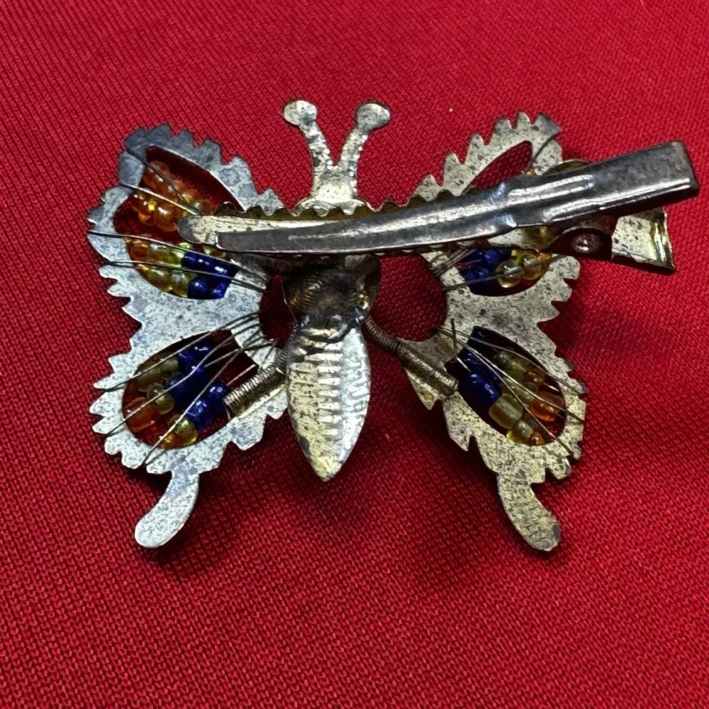 Glass Beaded Trembler Butterfly Hair‎ Clip Silver Tone Accessory Vintage