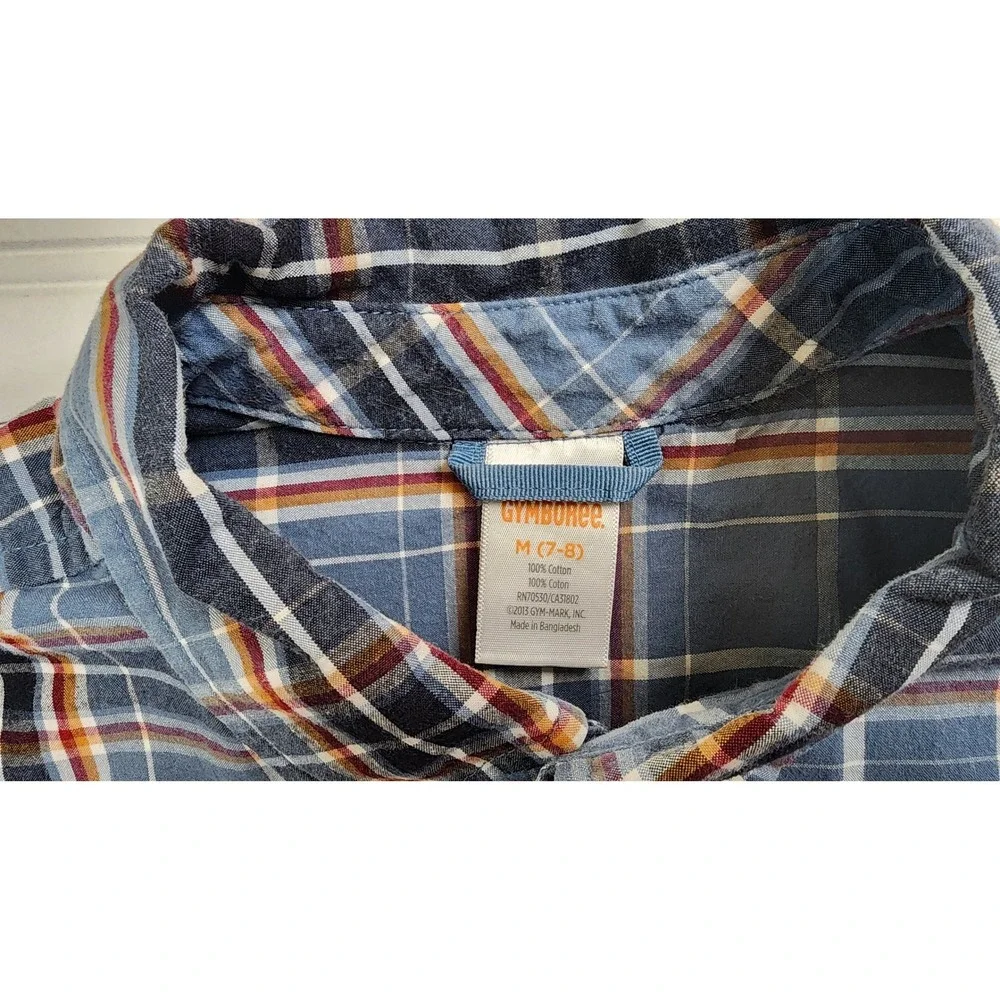Gymboree Kids Plaid‎ Button Down Shirt Long Sleeve Blue Orange White Size M 7-8