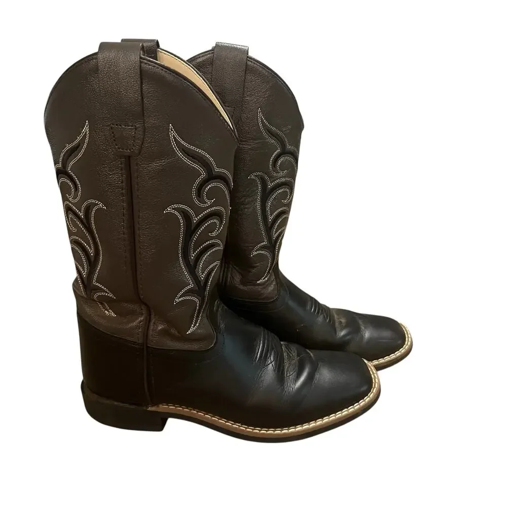 Old West Kids Brown Black Leather Go Round Square Toe Cowboy Boots Sz 5.5D