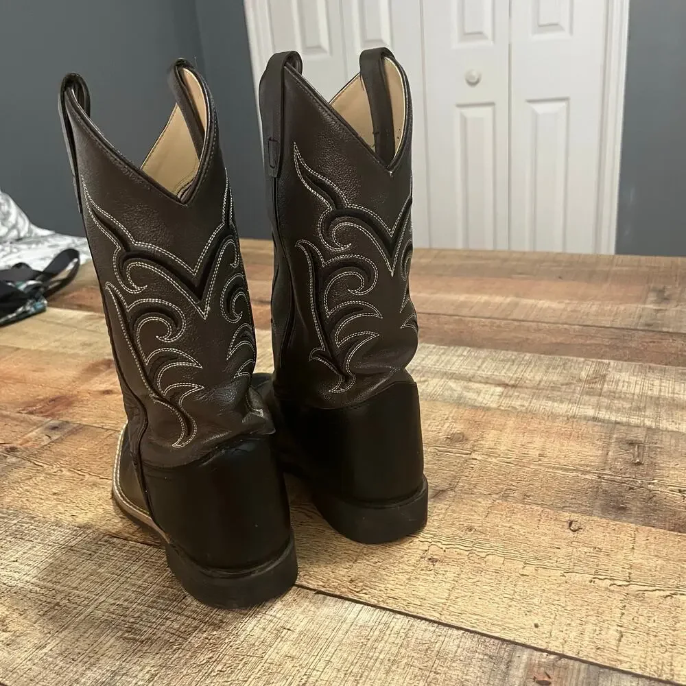 Old West Kids Brown Black Leather Go Round Square Toe Cowboy Boots Sz 5.5D