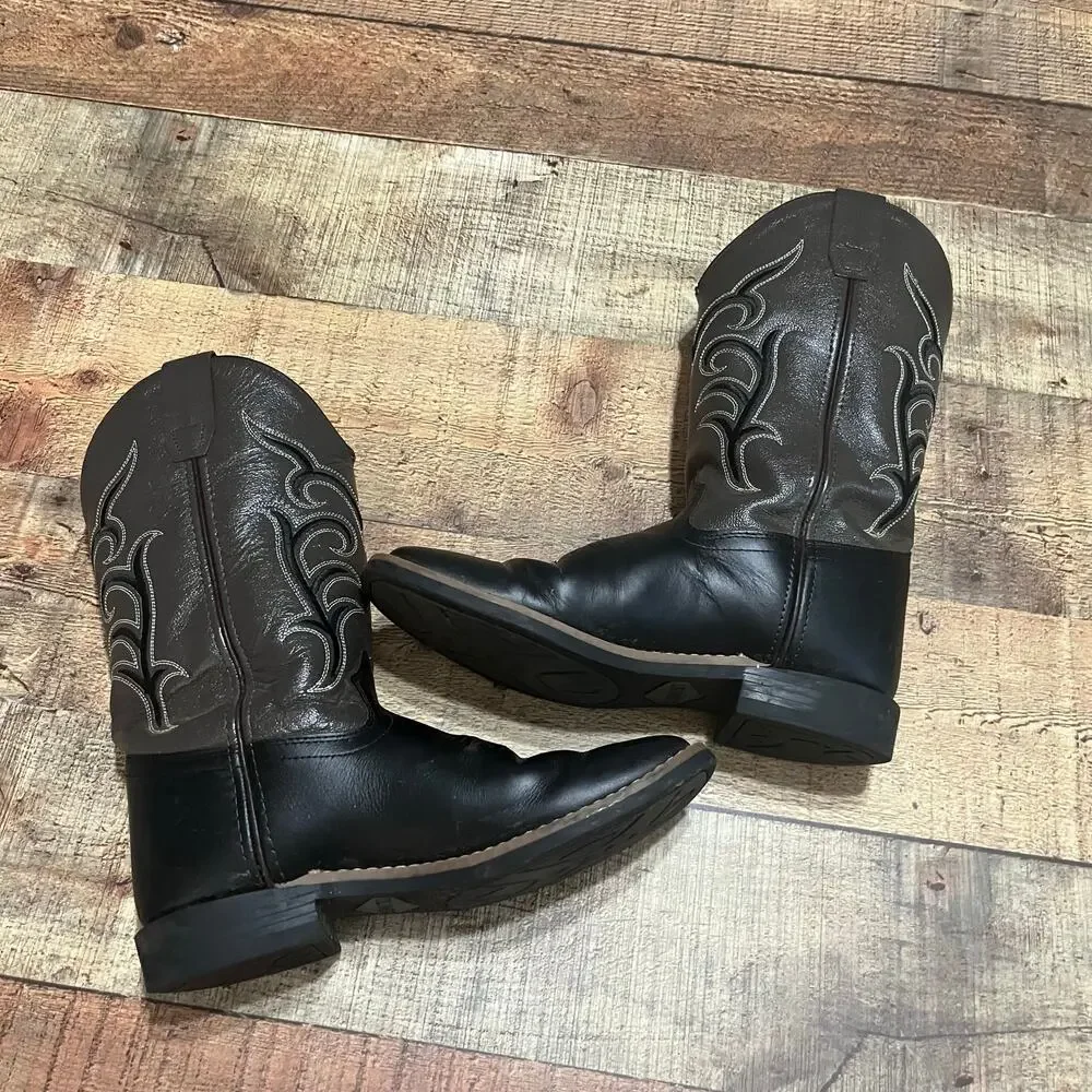 Old West Kids Brown Black Leather Go Round Square Toe Cowboy Boots Sz 5.5D
