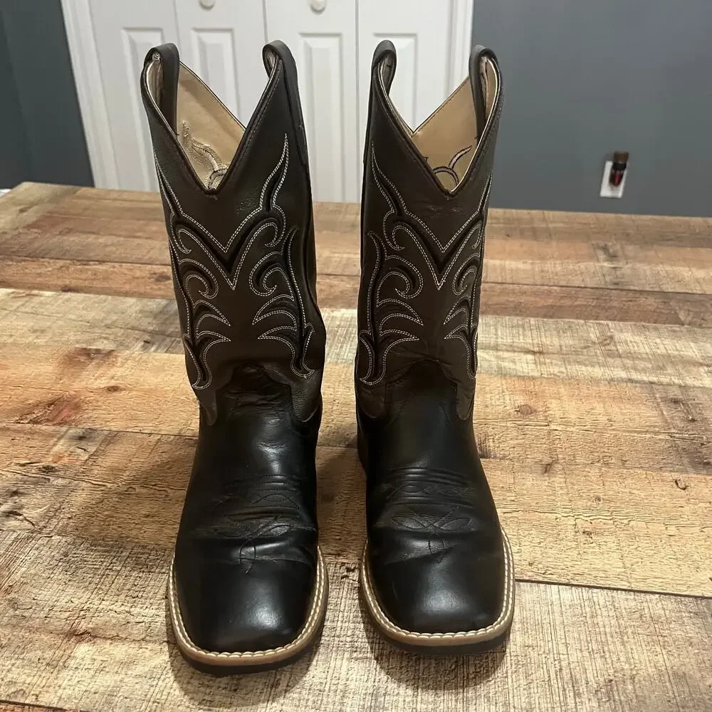 Old West Kids Brown Black Leather Go Round Square Toe Cowboy Boots Sz 5.5D