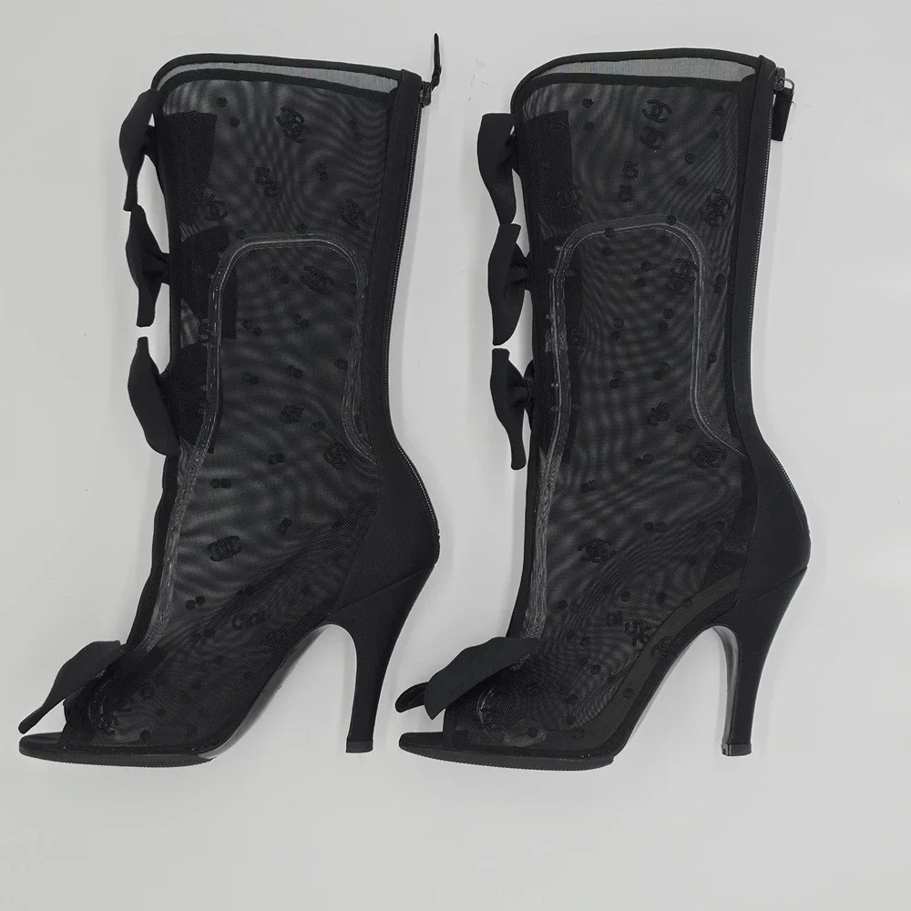 Chanel Black Mesh CC Logo Bow Peep Toe Mid Calf Stiletto Boots 36.5 C Italy