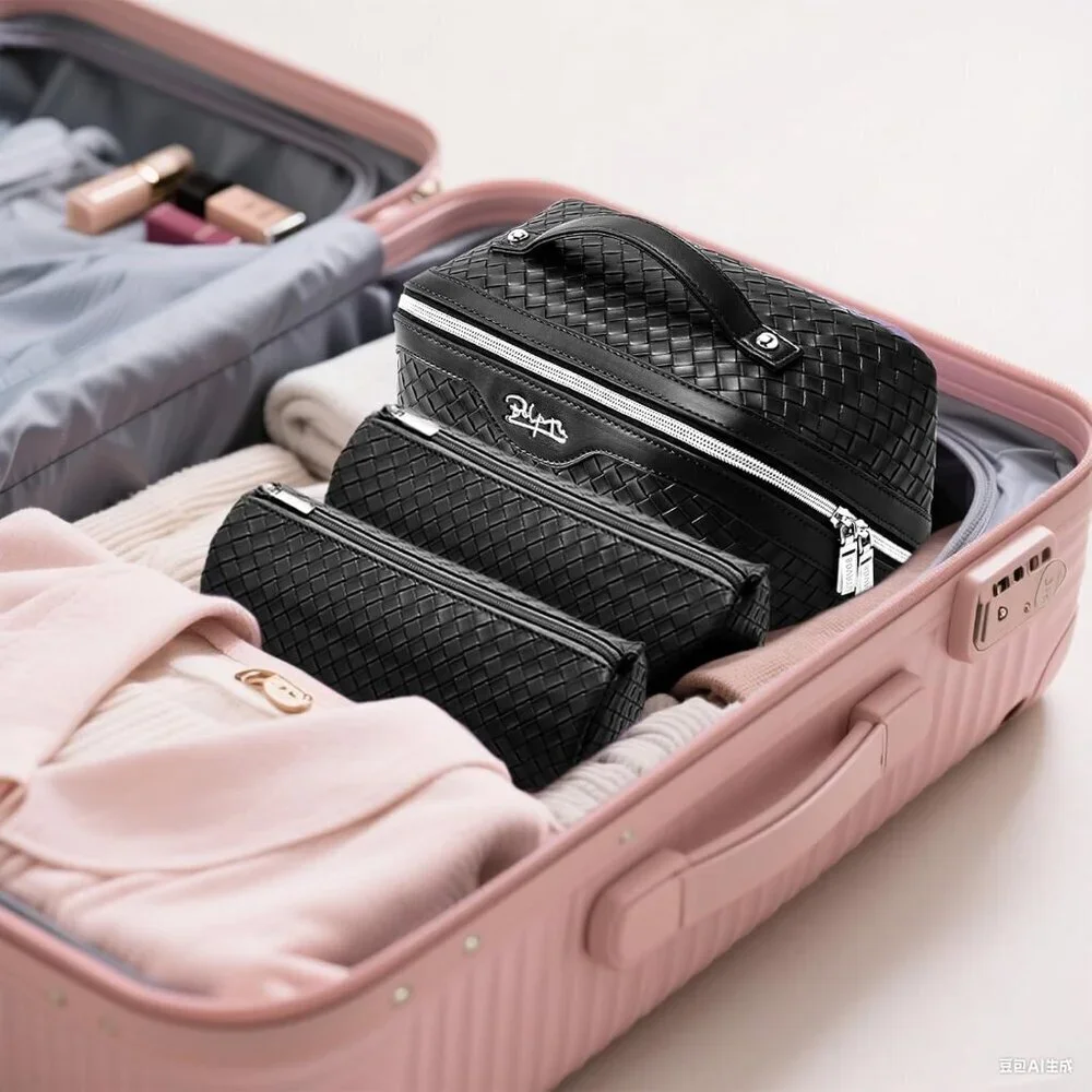 for Women: 3 Pcs Large Make up Bags Set - Vegan Leather Cosmetic Bag for Traveli
