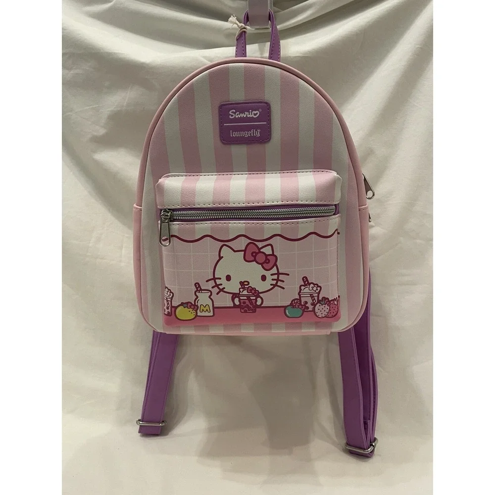 Sanrio Loungefly Cute Hello Kitty Pink Stripe Backpack Boba NWT Summer Bag Purse