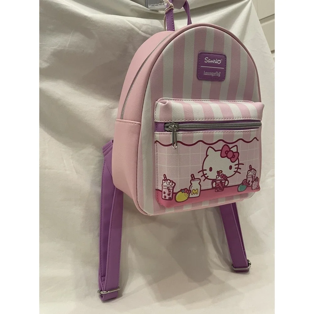 Sanrio Loungefly Cute Hello Kitty Pink Stripe Backpack Boba NWT Summer Bag Purse