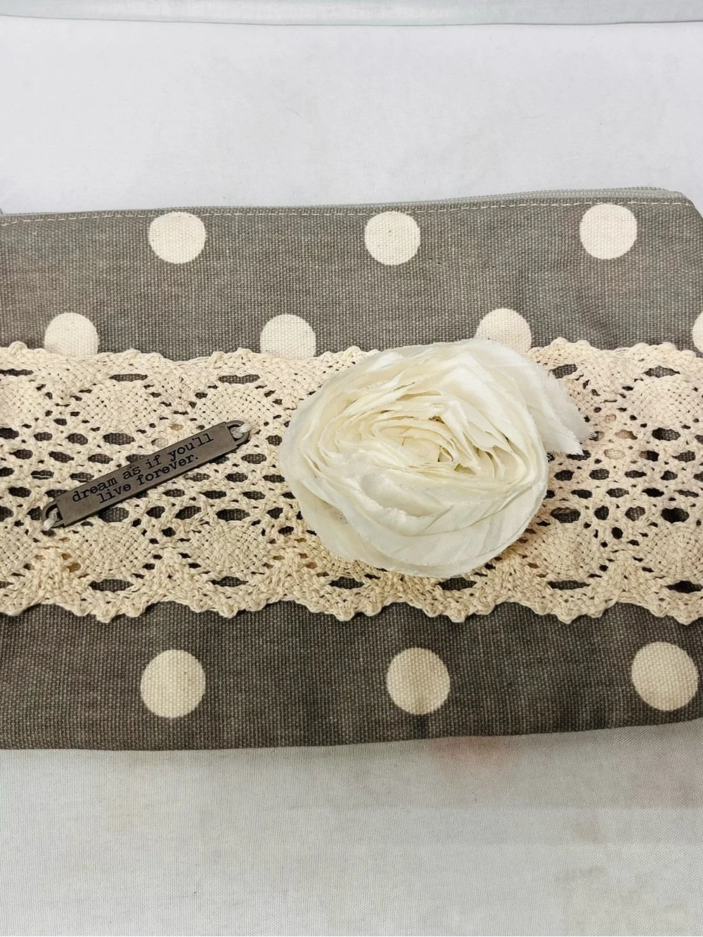 Polka Dot Lace Cosmetic Pouch with Cream Flower Accent‎