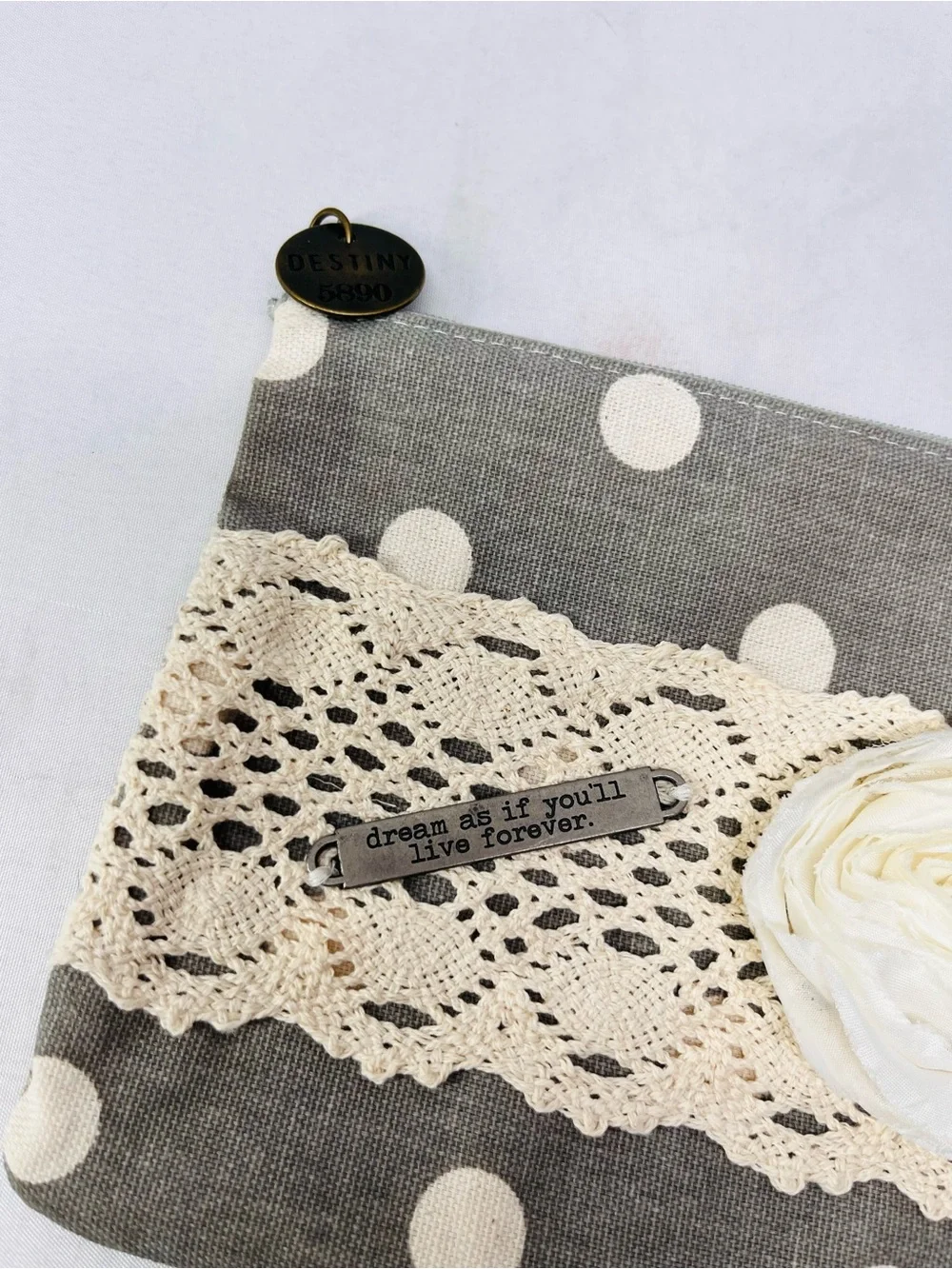 Polka Dot Lace Cosmetic Pouch with Cream Flower Accent‎