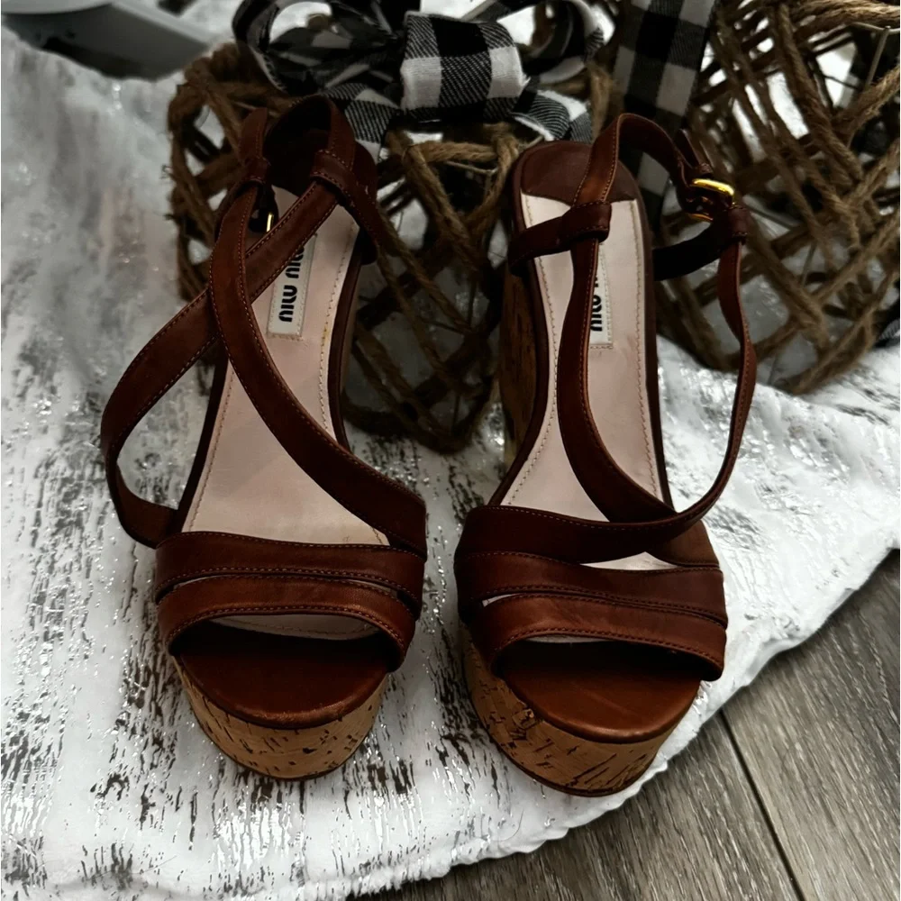 Miu Miu Brown Leather Cork Platform Sandals