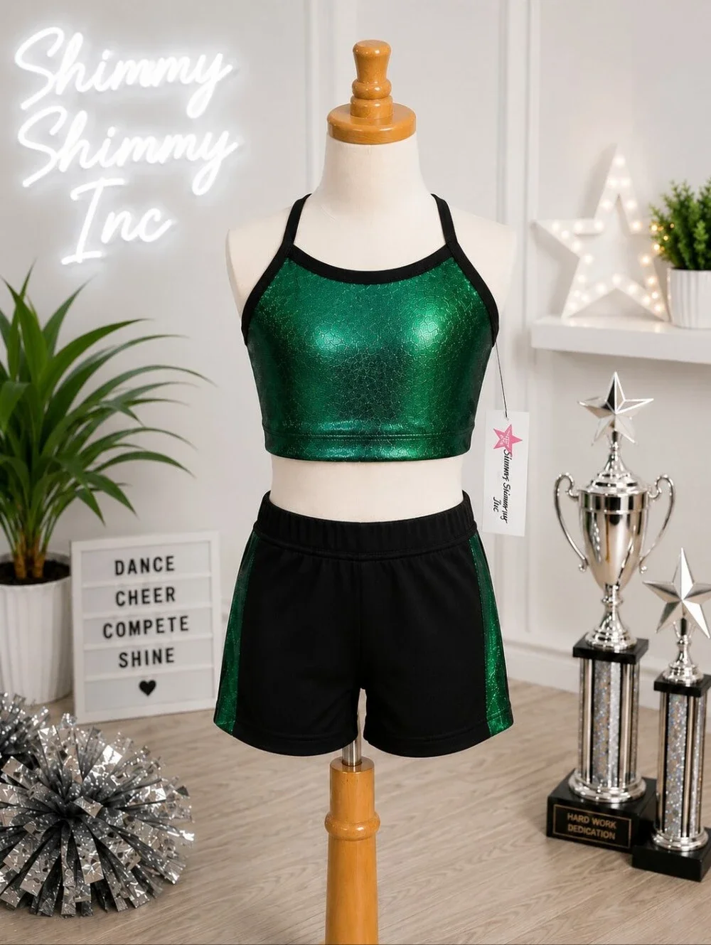 Shimmy Shimmy Inc Green Hologram Dance crop top and short Set NWT Cheer Gym