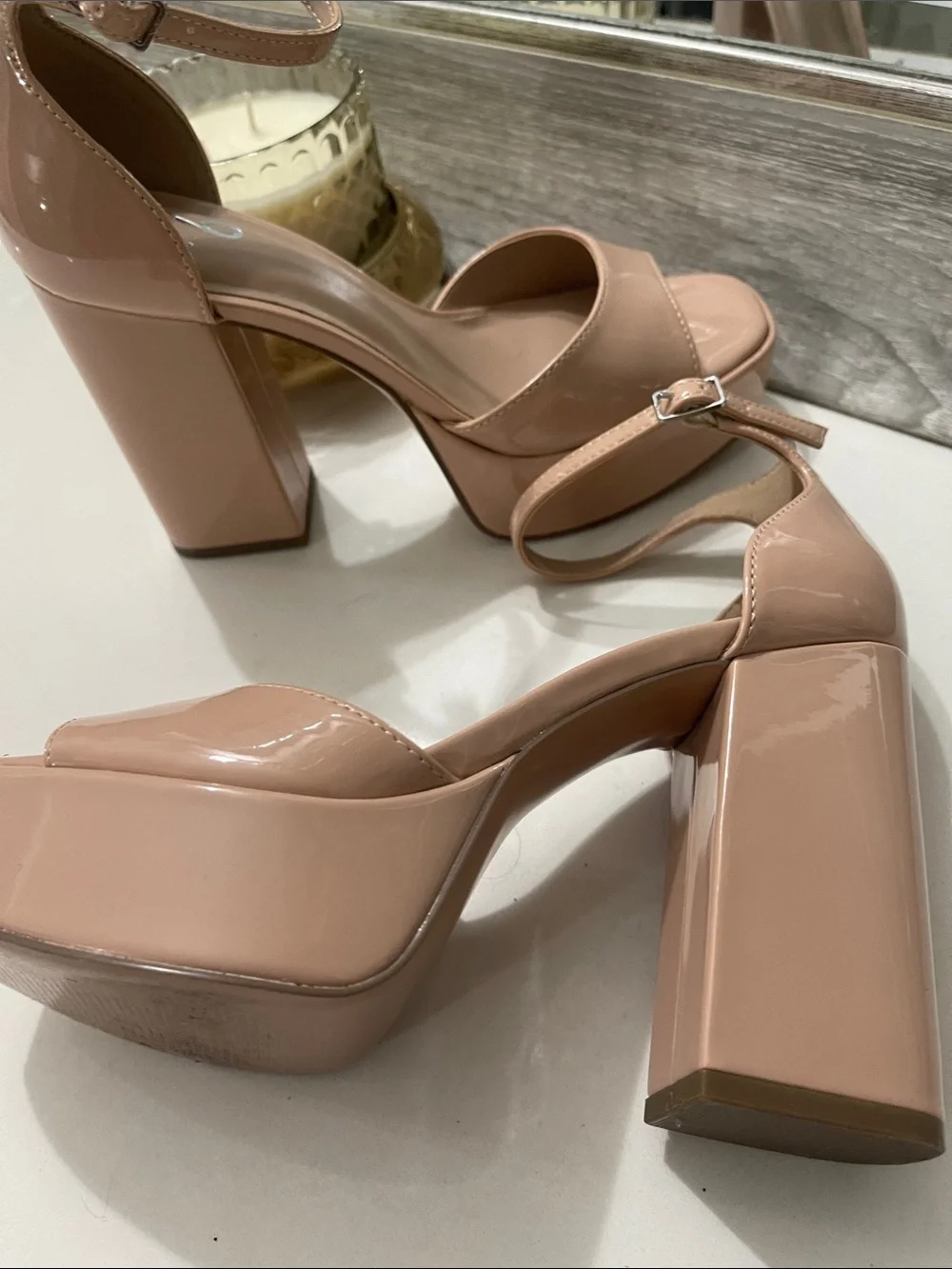 Mix No. 6 Nude Tan  Platform Block Heel Sandals Ankle Strap Sammir sz 6