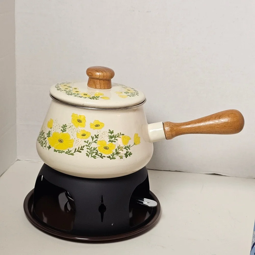 MCM 1970s Enamel‎ Fondue Pot Cottagecore Yellow Floral Poppies Japan Analog