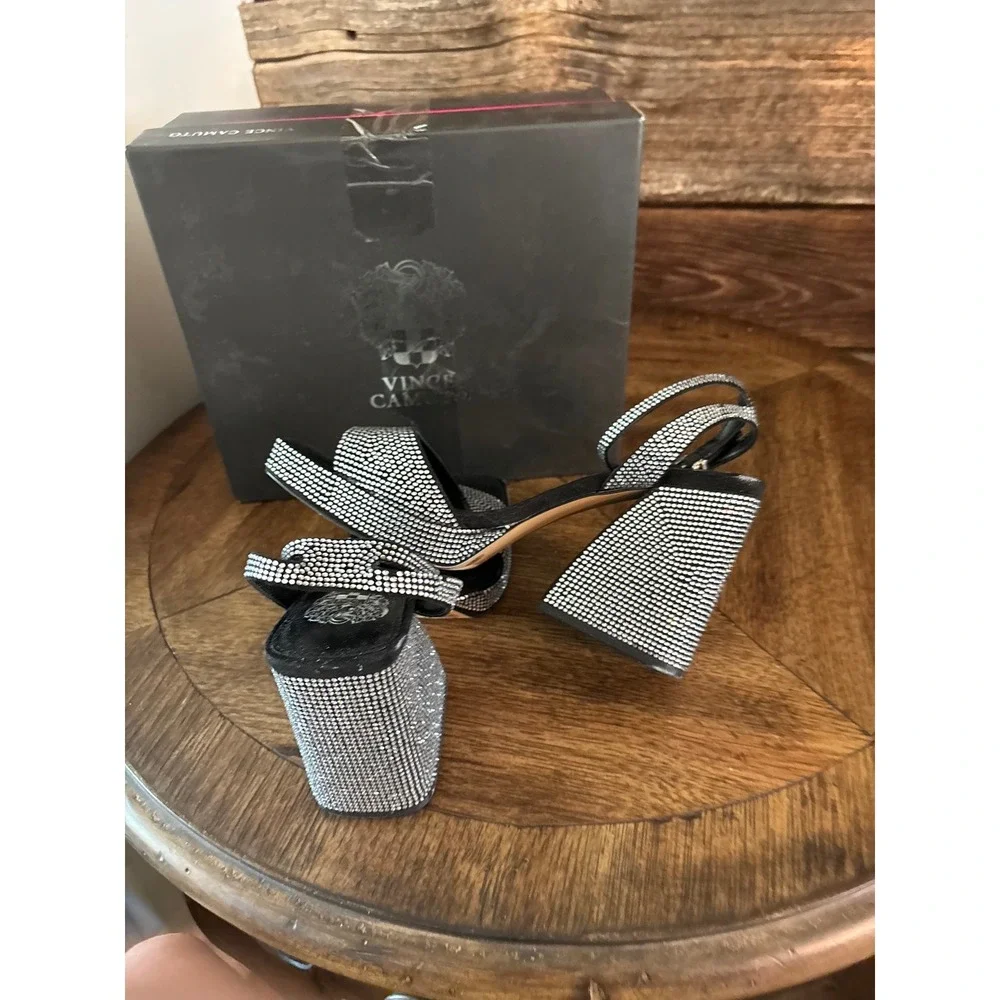 Vince Camuto Pilannaa Black Rhinestone Platform Block Heel Sandals PILANNAA 9M