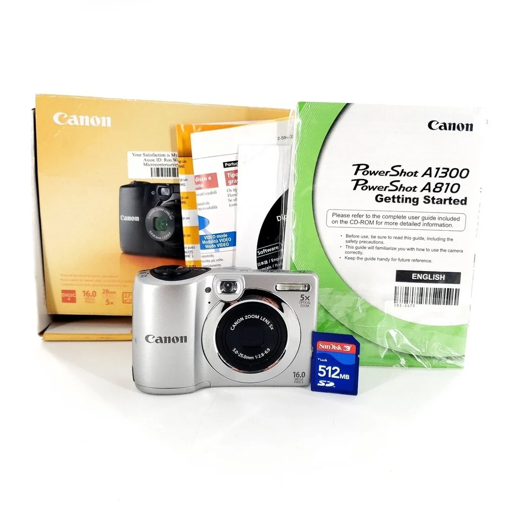 Canon PowerShot A1300 16.0MP Digital Camera Silver w/ Memory Card & Box Tested