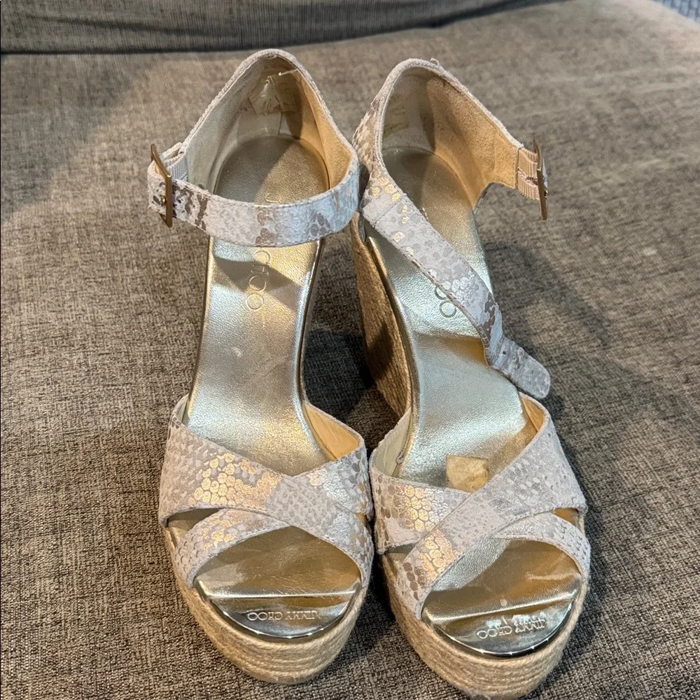 Jimmy Choo Beige Snake-Print Espadrille Wedge Sandals