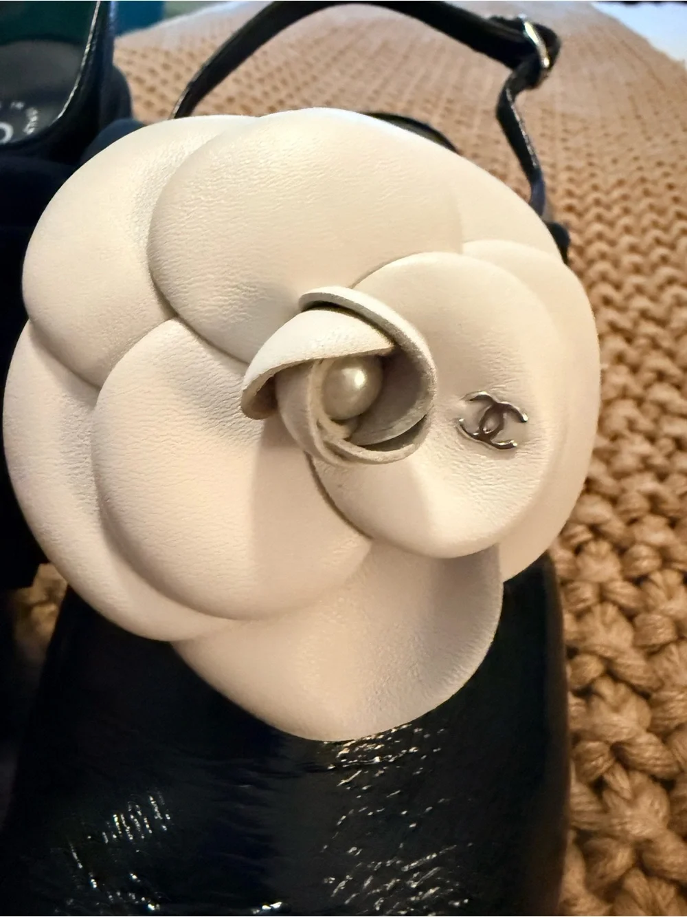 CHANEL Black Slingback Mules with White Camellia Flower
