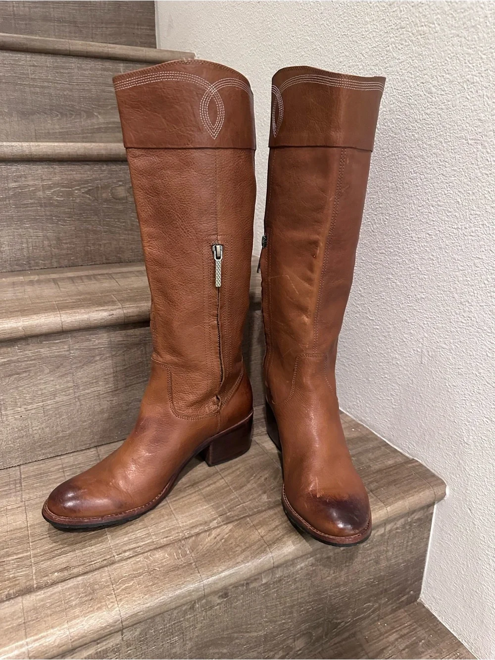 Donald J. Pliner Tall Leather Riding Boots in Cognac Brown