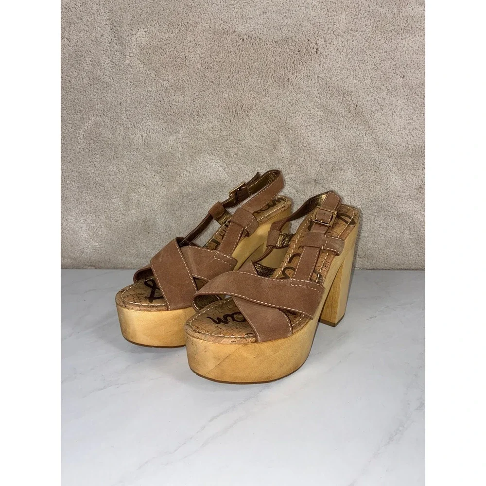 Sam Edelman Tan Platform Sandals - 9M - Mae Suede Wood Block Heel  Retro Summer