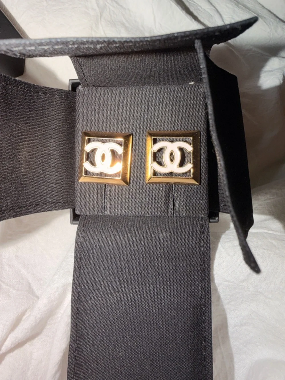 CHANEL Gold and White Square CC Logo Earrings
