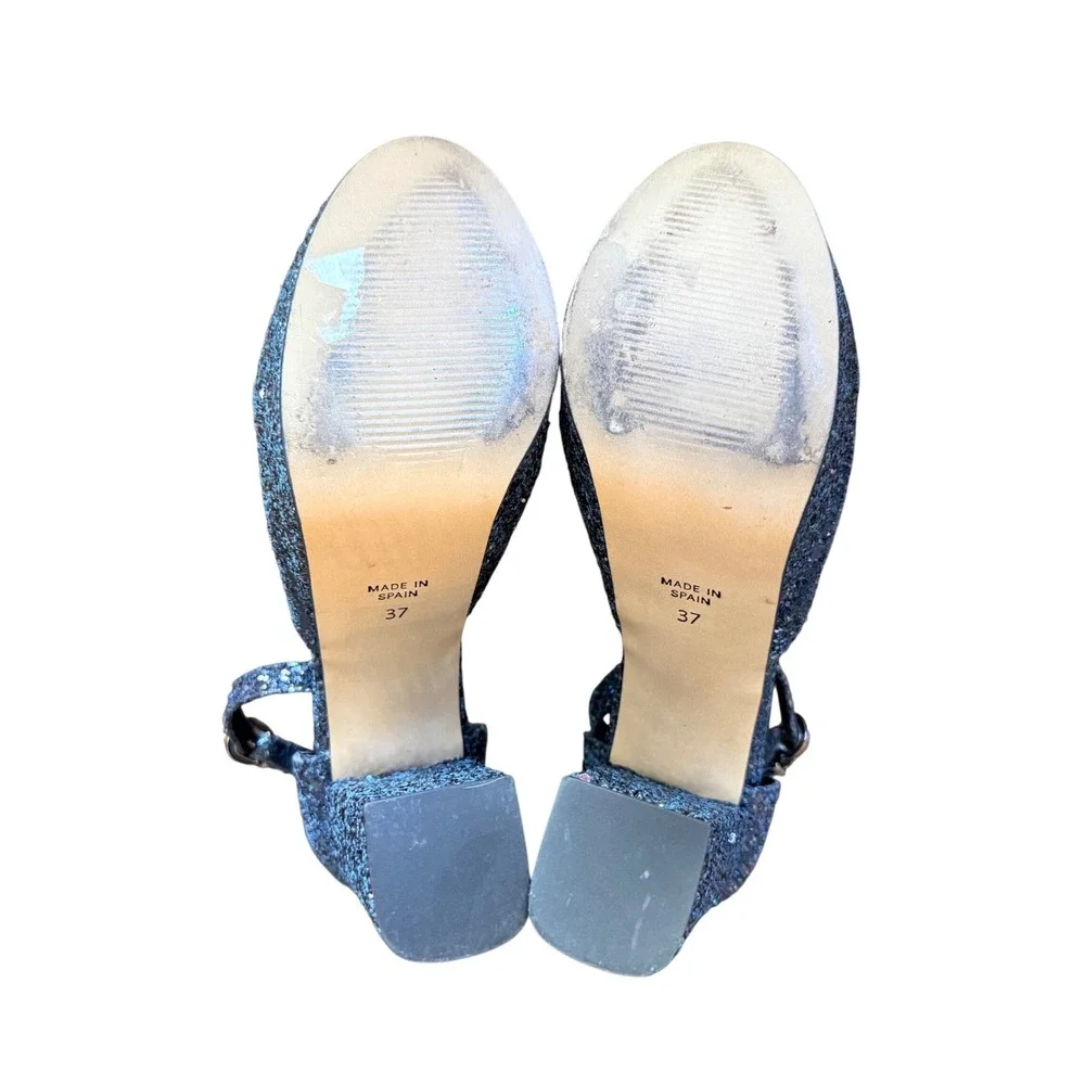 Shellys London Womens Blue Glitter Platform Block Heel Ankle Strap‎ Size 37 6.5