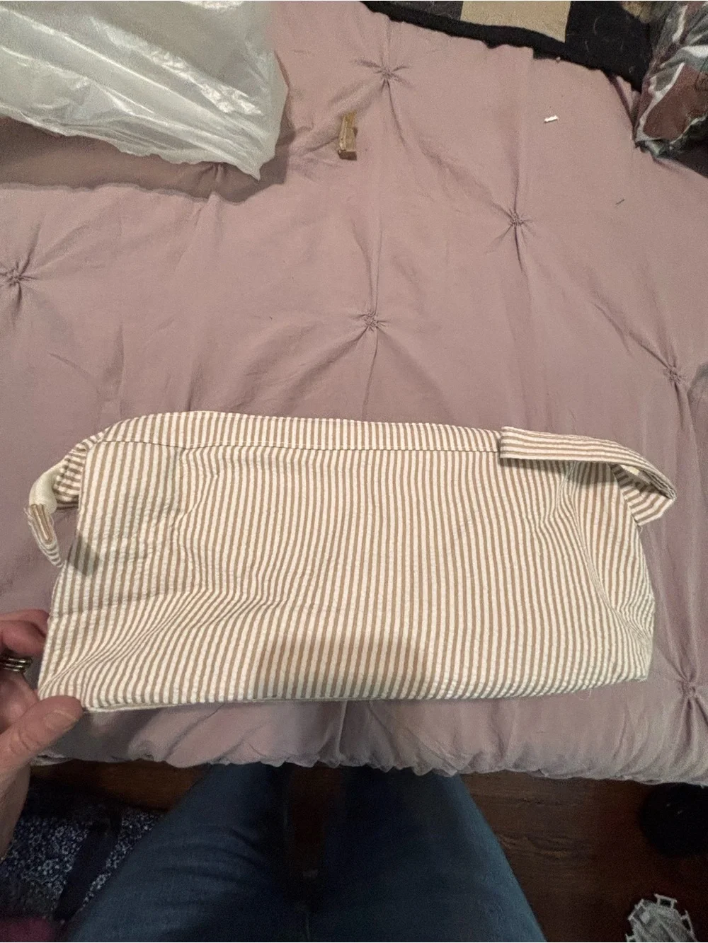 Source Unknown Beige and White Striped Cosmetic Bag