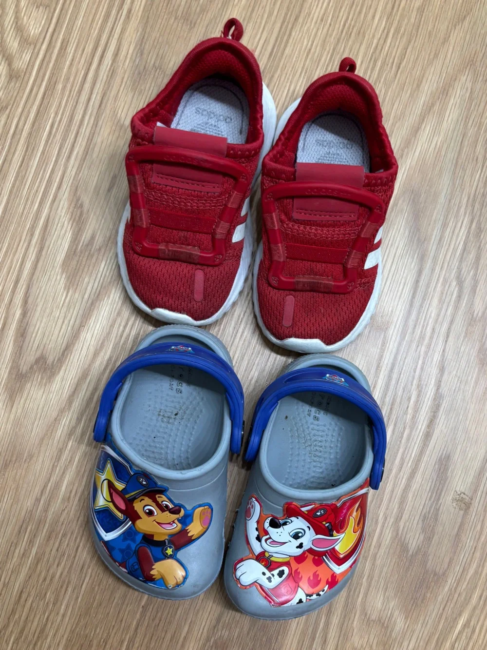 Bundle - toddler size 5 Red adidas Sneakers and Grey paw patrol crocs