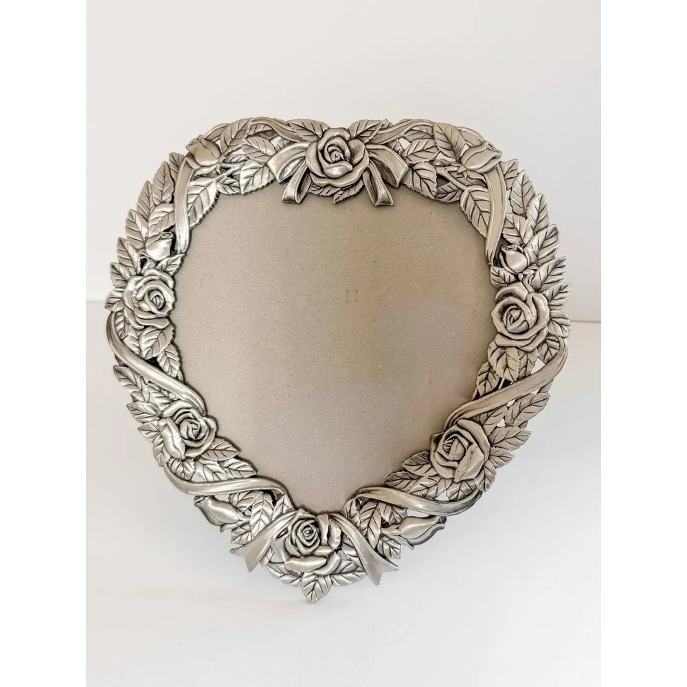 Vintage MT Heart Shaped Pewter Tone Rose Floral Ribbon Picture Frame 7.5x7.5
