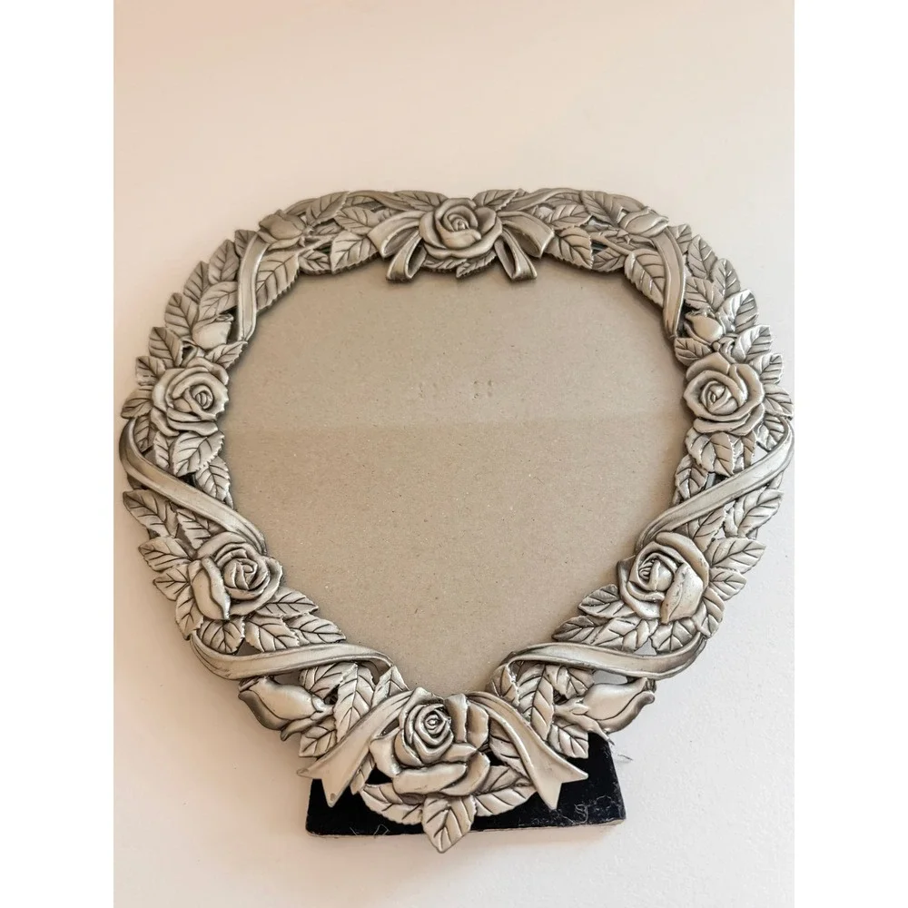 Vintage MT Heart Shaped Pewter Tone Rose Floral Ribbon Picture Frame 7.5x7.5