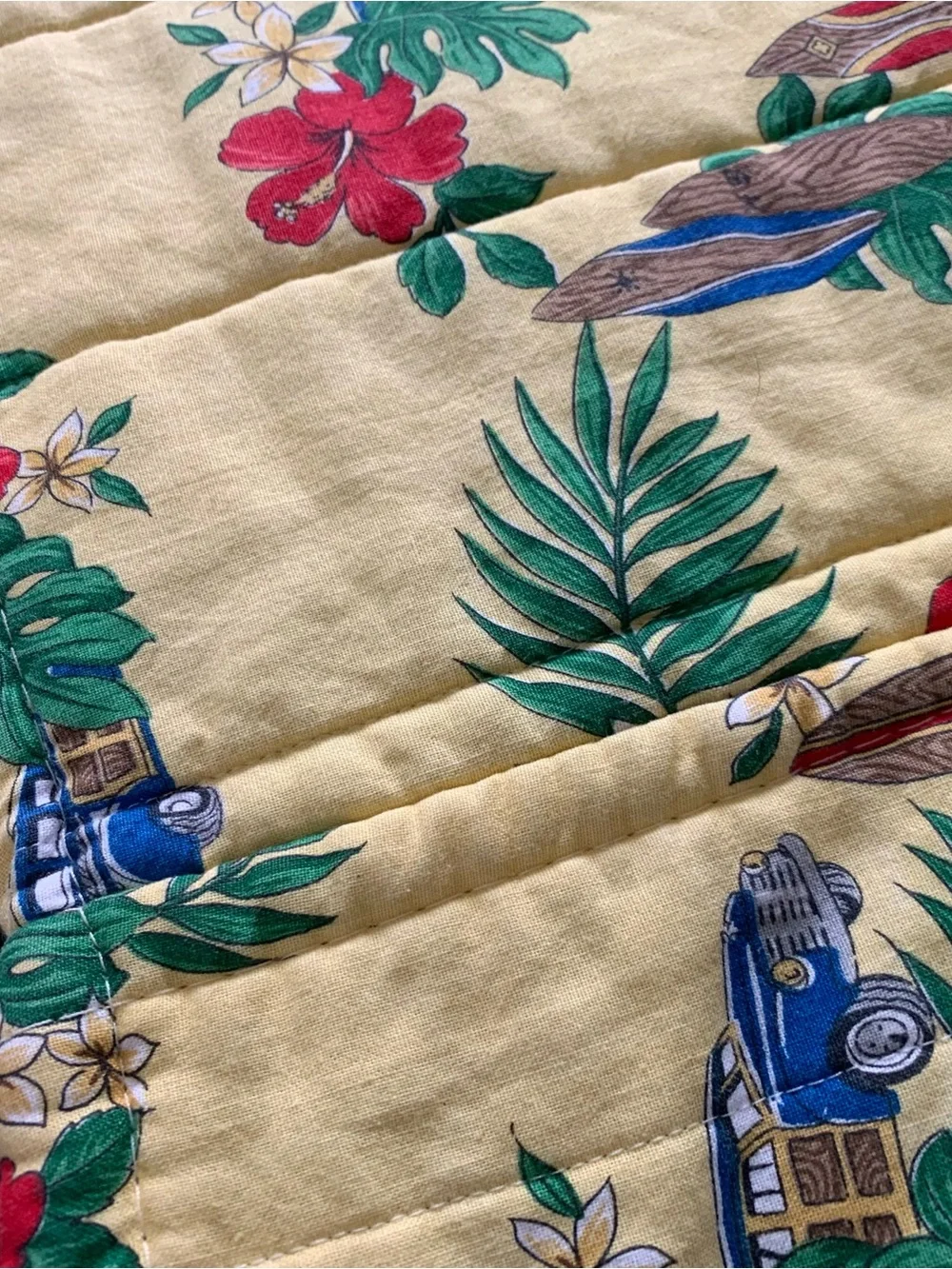 Rare Vintage 80s Contessa Hawaii Woody Surfboard Palm Trees Yellow Bedspread