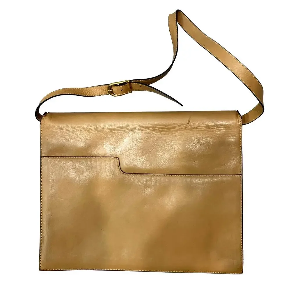 Vintage 70s Camel Leather Shoulder Bag w/ Brass Detail & Flap Closure