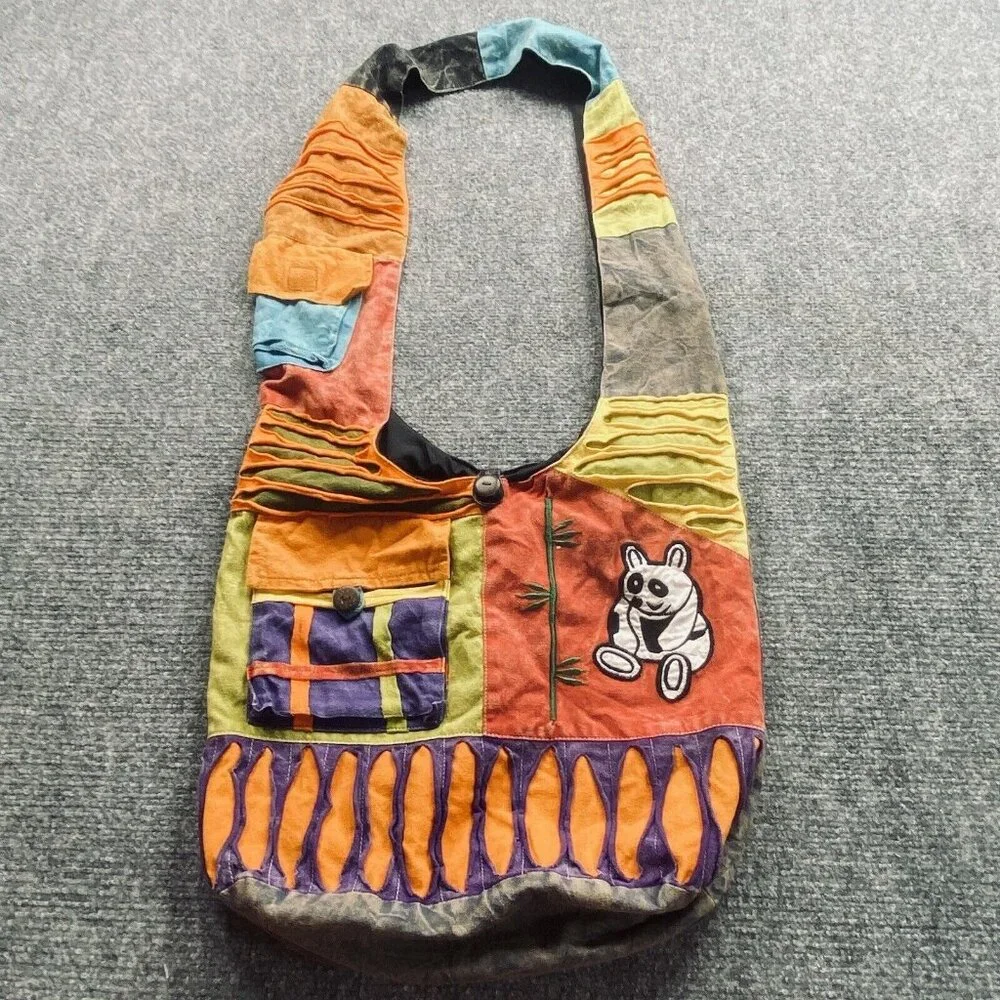 Vintage Handmade Boho Sling Bag Crossbody Panda Patch Festival Hippie‎ Nepal