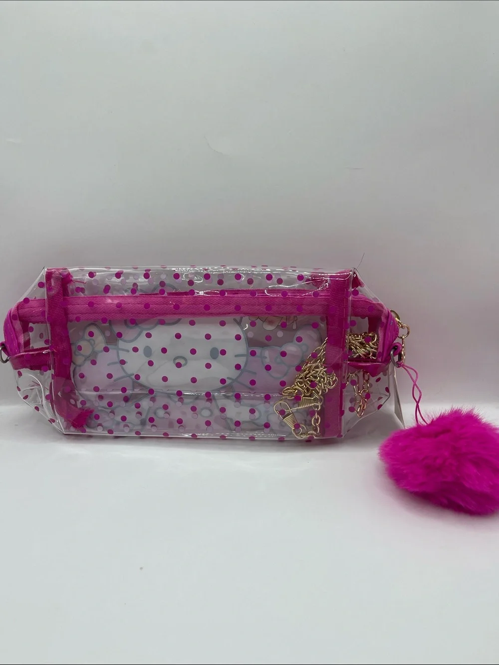 Hello Kitty Clear Pink Vinyl Bag with Pom Pom & Chain