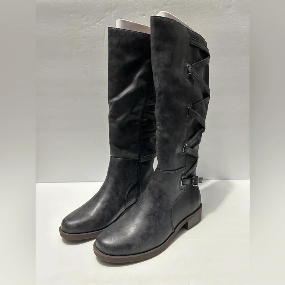 Journee Collection Womens Carly WideCalf Stacked Heel Riding boots Size 7 navy