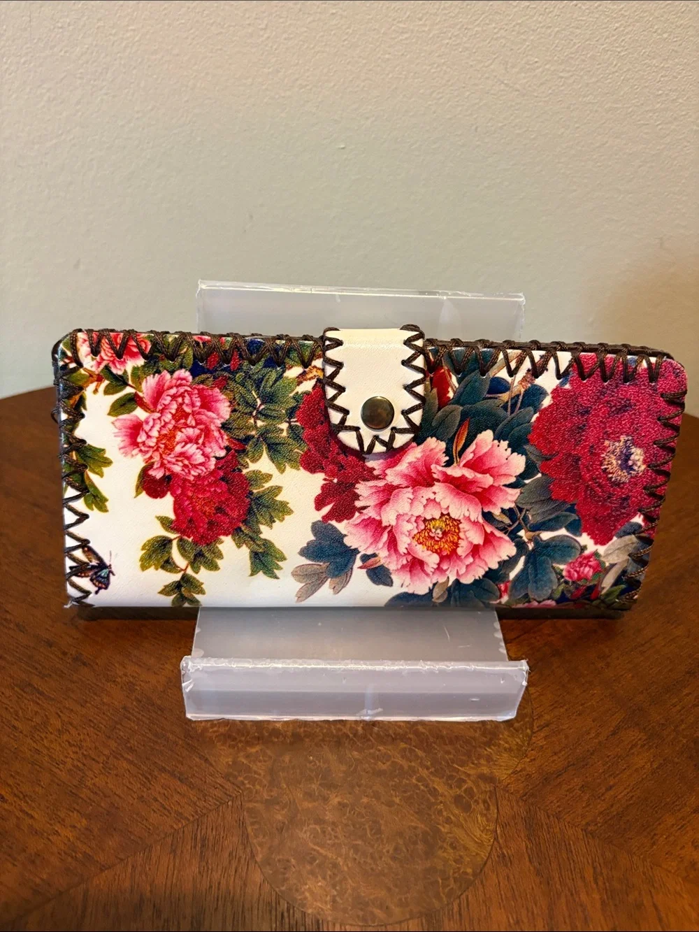 Floral Leather Wallet  long wallet  clutch Pink & Red Peony Print whip stitching