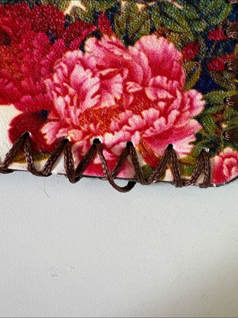 Floral Leather Wallet  long wallet  clutch Pink & Red Peony Print whip stitching