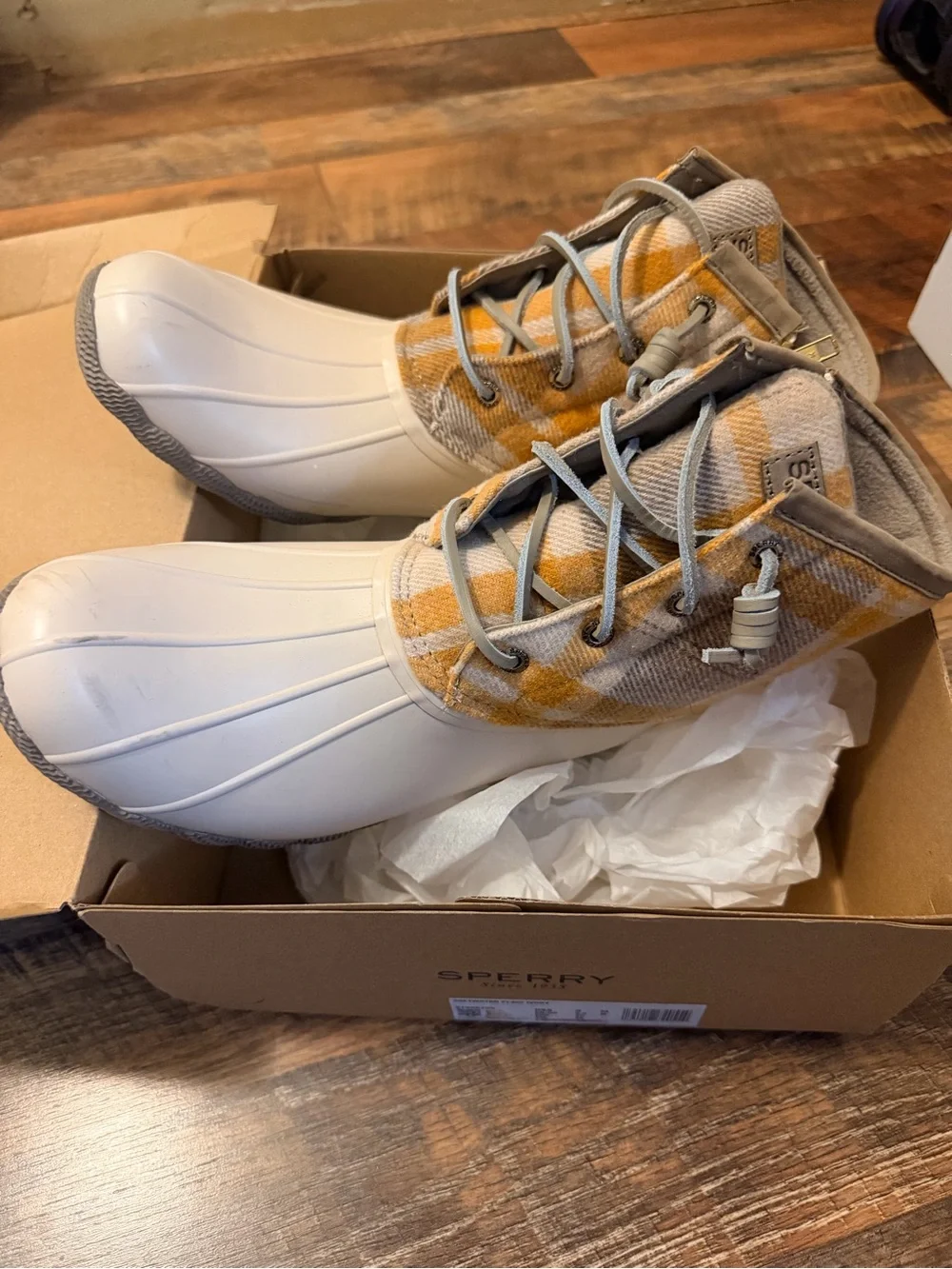 Sperry Yellow Plaid Lace-Up Waterproof Duck Boots