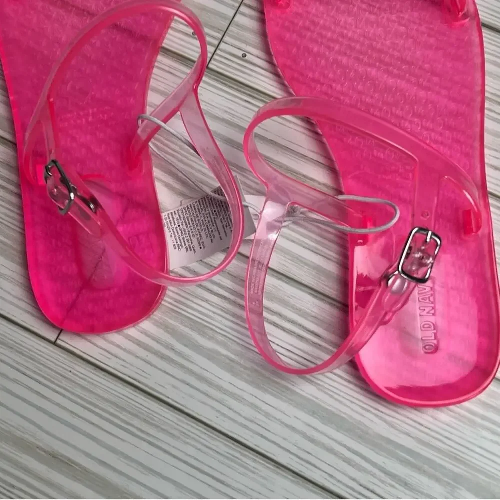 Old Navy Girl's Jelly  Neon Pink Ankle Strap Flat Summer Sandals Sz 4