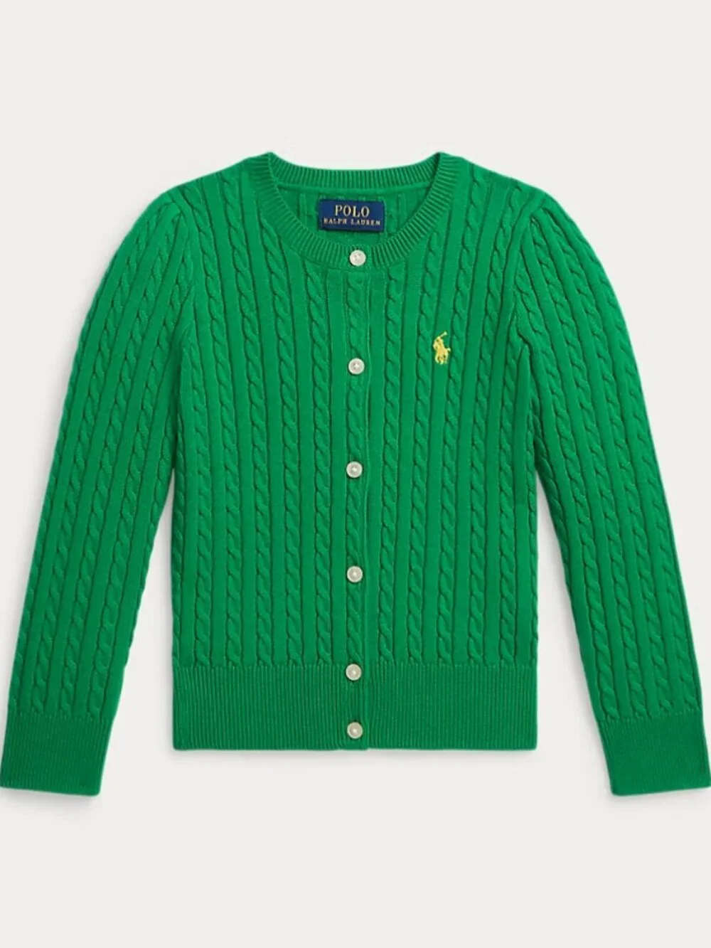 Ralph Lauren Emerald Green 100% Cotton Cable-Knit Cardigan with Pony Logo