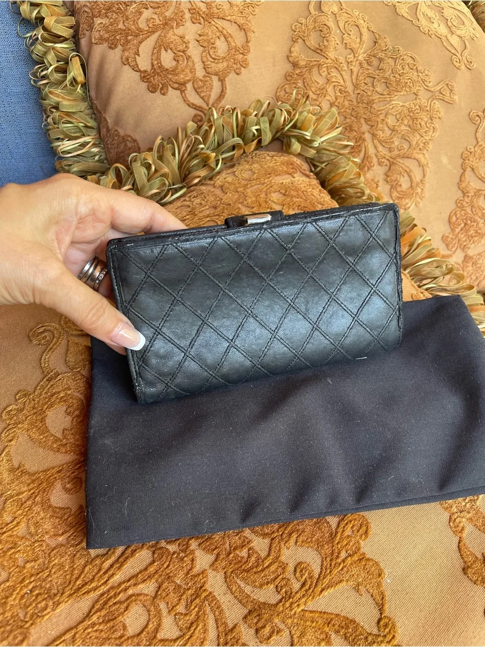 CHANEL Black Quilted cross stitch CC Snap Wallet