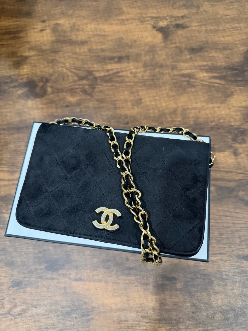 CHANEL Black Quilted Suede Chain Crossbody with Gold Hardware