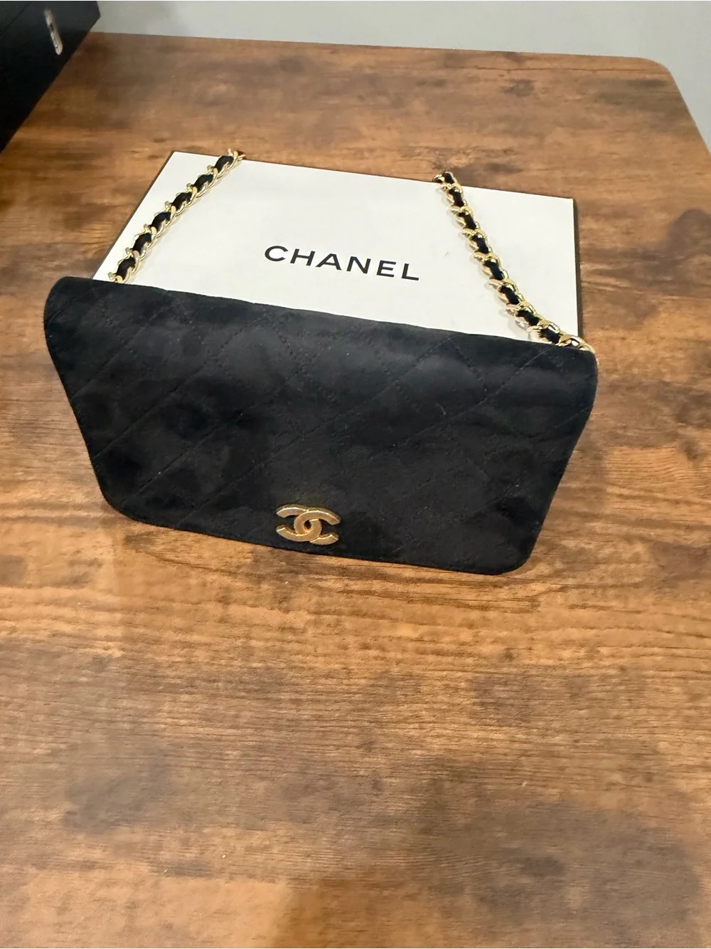 CHANEL Black Quilted Suede Chain Crossbody with Gold Hardware