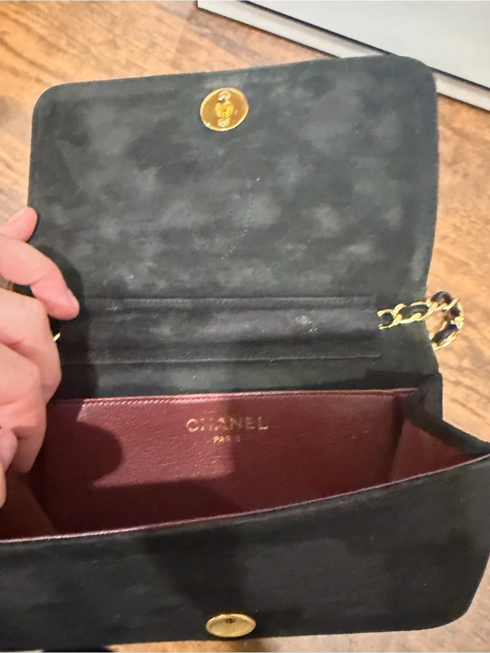 CHANEL Black Quilted Suede Chain Crossbody with Gold Hardware